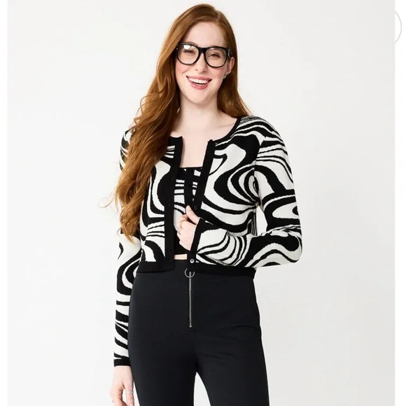 SO Women's Abstract Swirl Sweater Tank & Cardigan Set, Black & White, Sz XL - Picture 1 of 16
